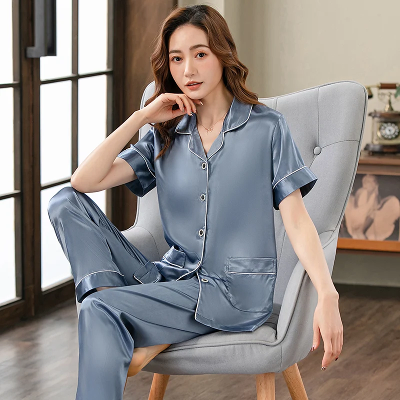 Pure Color Silk Pajamas Set Women Summer Female Pijamas Sets of Sleepcoat & Sleep Pants Lady Casual Sleepwear Big Yards M-3XL