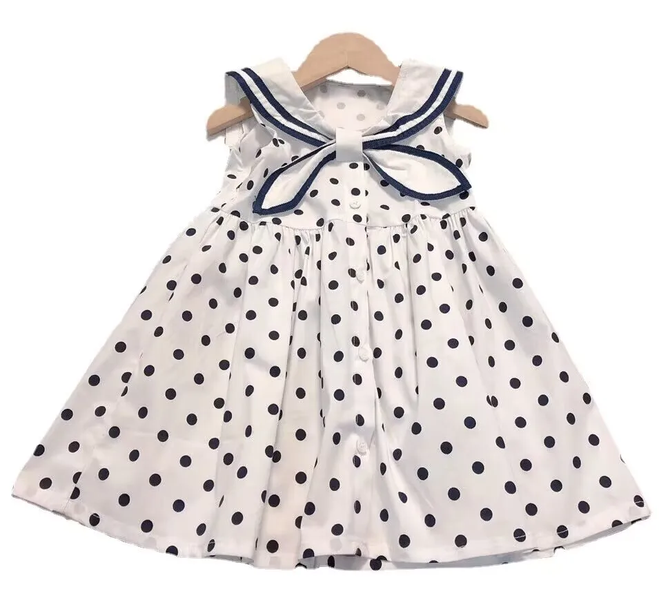 summer kids girls dress Embroidered lapel  with navy polka dot 100% cotton princess dresses kids elbise