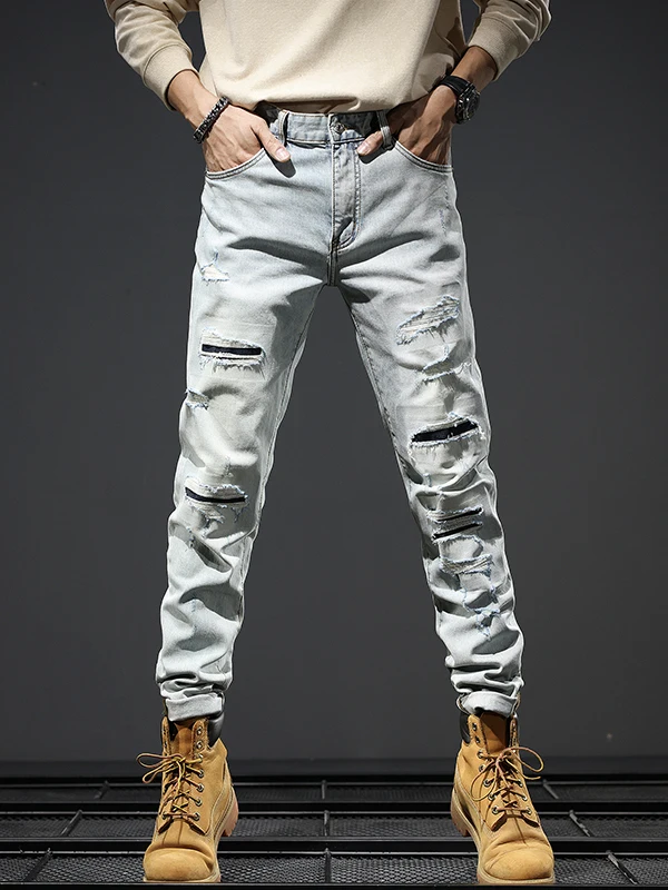 

High-End Vintage Ripped Denim Jeans Men's Spring Autumn Elastic Slim Fit Casual Straight Leg Pants Wear Resistant Cotton Stre...