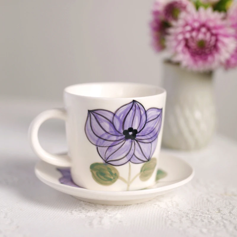 Ceramic Coffee Mugs With Saucer 220ML Ins Popular Purple Flower Handpainted Printed Creative Cups Set Simple Style Drinkware