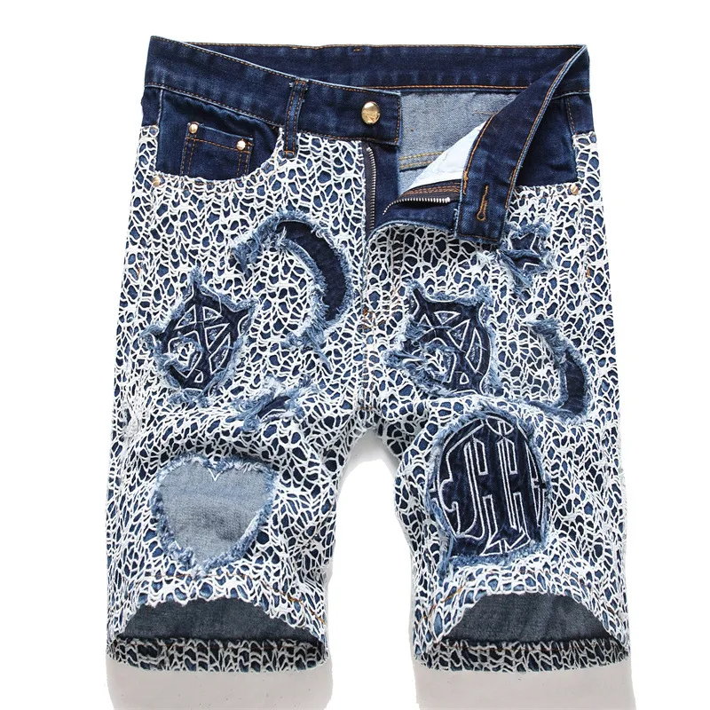 

Summer Baggy Men's Blue Jeans Fashion Embroidered Mid-Rise Casual Denim Shorts