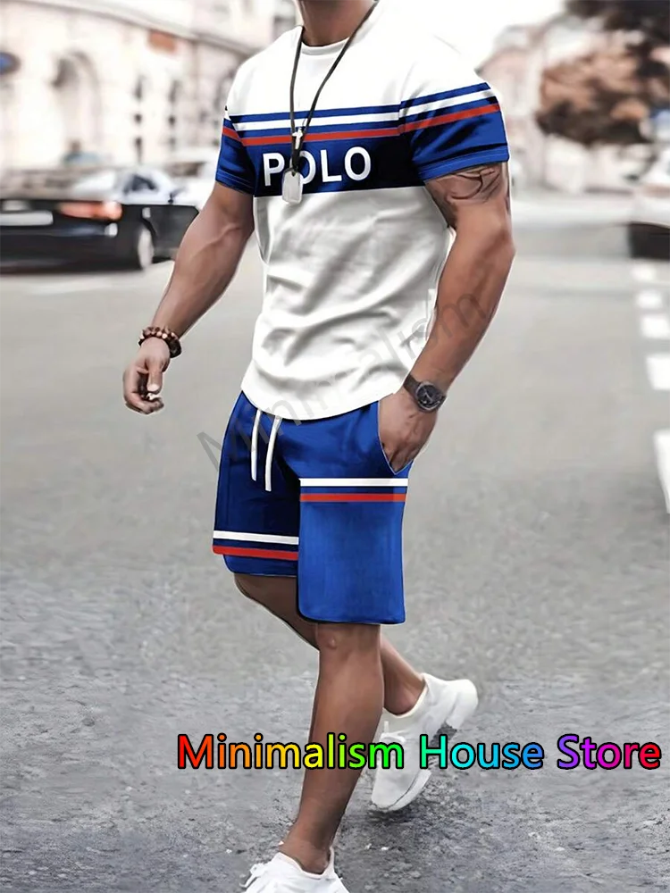 Summer New Men's Tracksuit Polo Stripe Printed T-shirt+Shorts Set Sport Outfit Jogging Suit Outdoor Streetwear Oversized Clothes