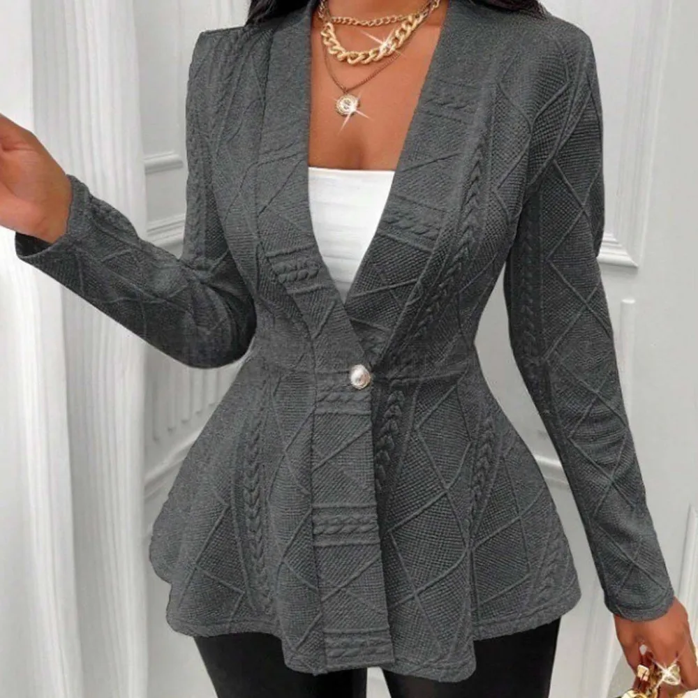 Autumn Women Long Sleeve Blazer Jacket Slim Fit Jacquard Texture Single Button Outerwear Chic Elegant Commuter Top