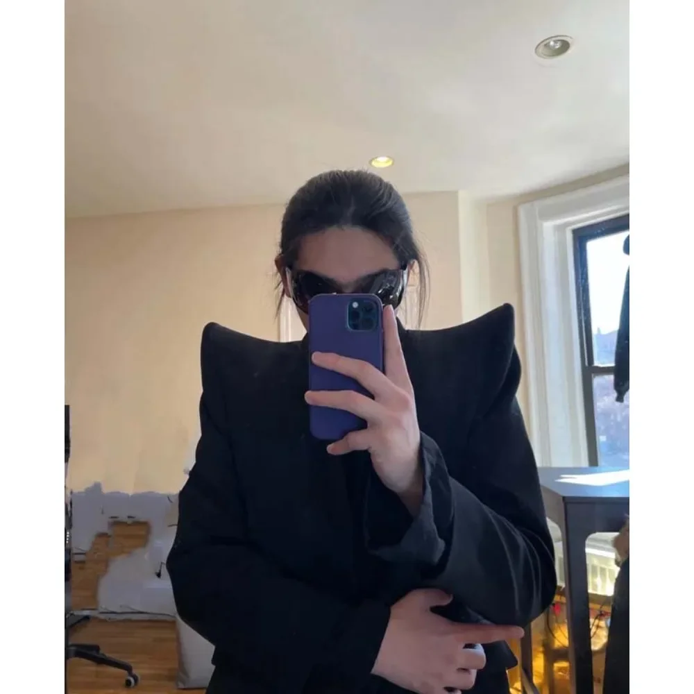 NIGO MR Black Pointed Shoulder Pads Blazer Vintage Dark Trendy Retro Suit High Street Hip-hop Trench Coat Jacket  #NGTOP11233