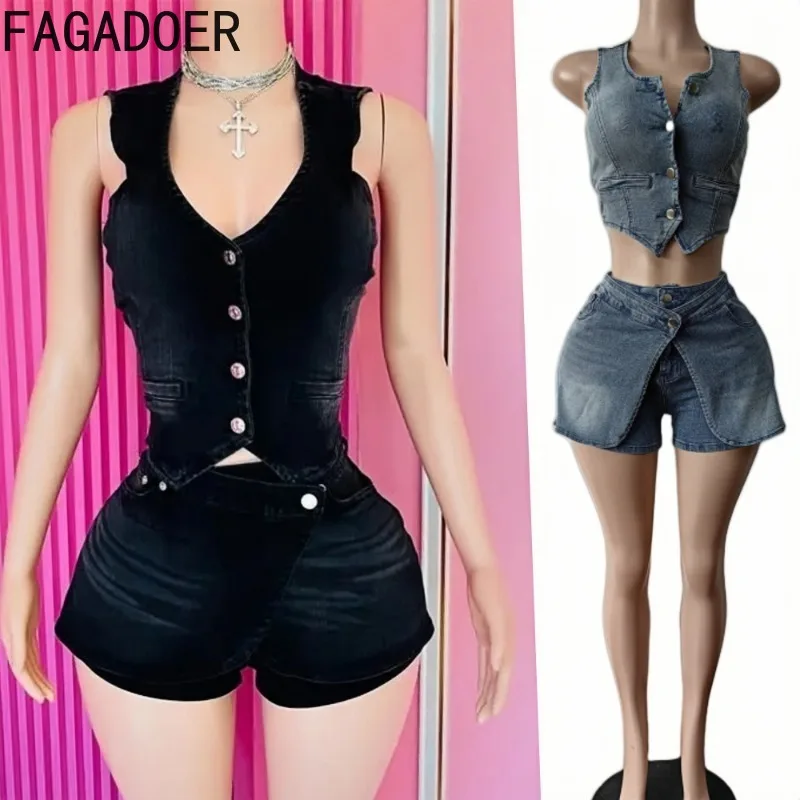 

FAGADOER Summer New Fashion Denim 2 Piece Sets Woman Outfit Sleeveless Stretch Crop Top + Shorts Matching Suits Y2K Streetwear