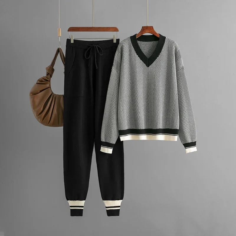 Autumn Winter New Sweater Suit Knitted Striped V-Neck Loose Long Sleeve Commuter Sweater Packet Pants for Women Two-Piece Set