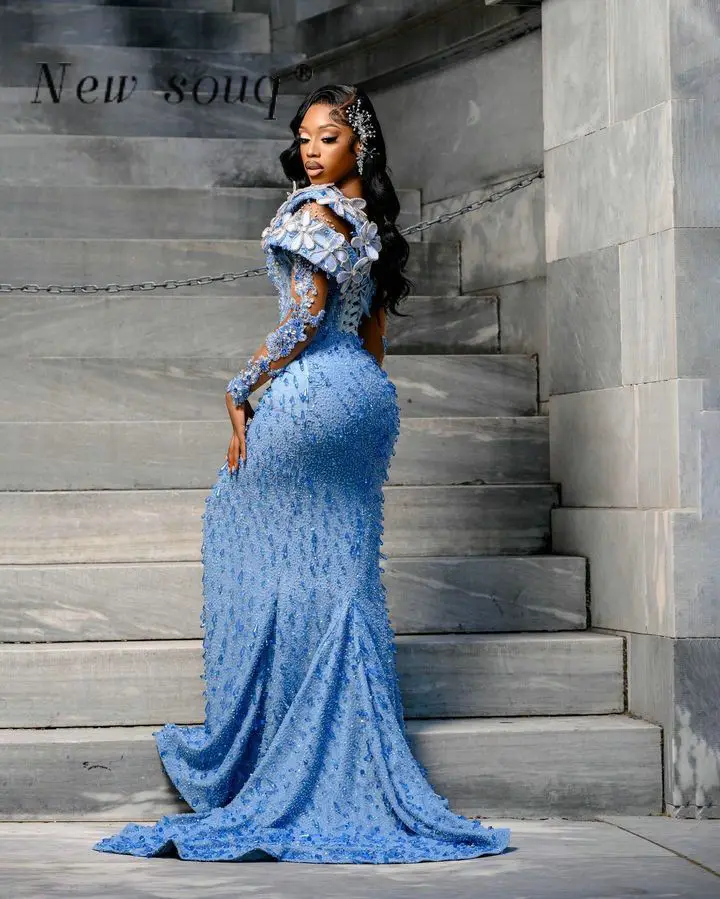 Luxury Allover Crystals Beading Ocean Blue Mermaid Prom Dresses Sexy Slit Long Sleeves African Evening Events Party Gowns