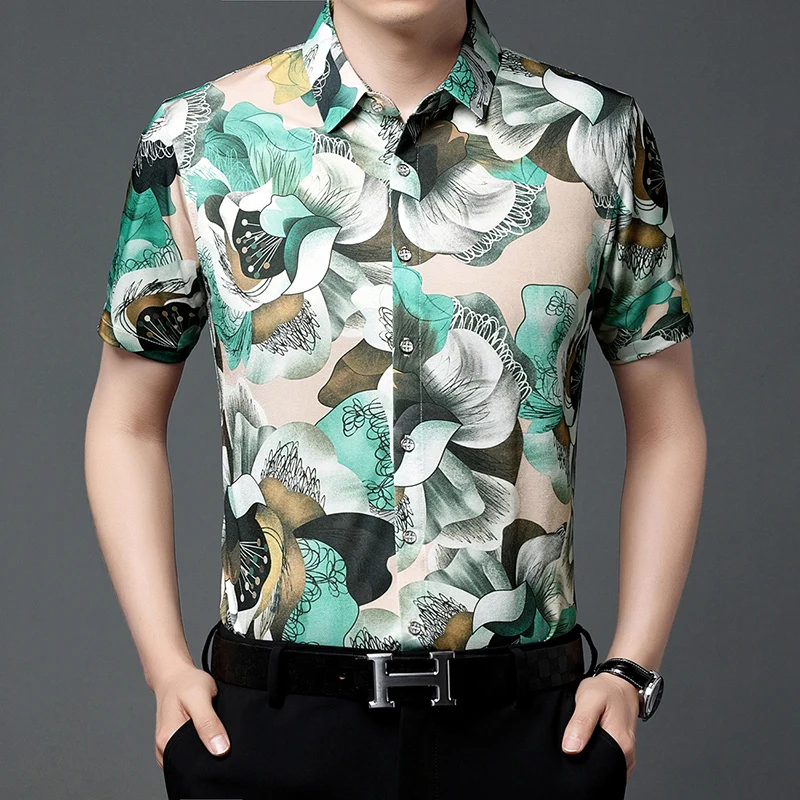 New Arrival Men's Patchwork Printing Smooth Clothes 2023 Summer Fashion Flowers Print Shirts Male Soft Short Sleeve Tops