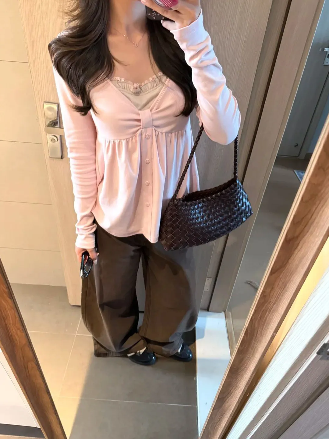Korean Style Sweet Pink Bowtie Fake Two-Piece Doll Shirt Women's Loose Long Sleeve T-Shirt Top for Autumn Youthful Atmosphere