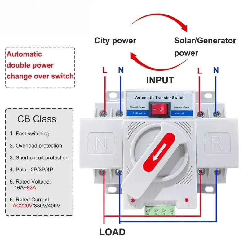 Switch automatic transfer 63 amps 2P 220V 400V automatic transfer switch CB 4 in 2 out automatic transfer switch