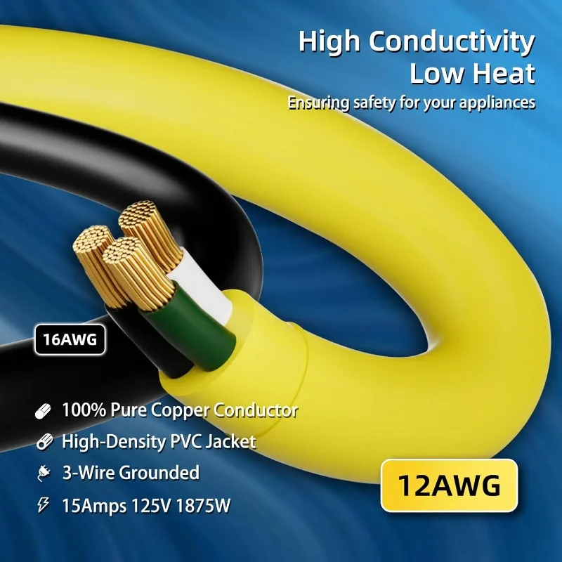 Cabo de extensão externo de calibre 12, 100 pés à prova d'água, plugue de 3 pinos, SJTW resistente 15A 1875W, cabo de extensão amarelo com iluminação