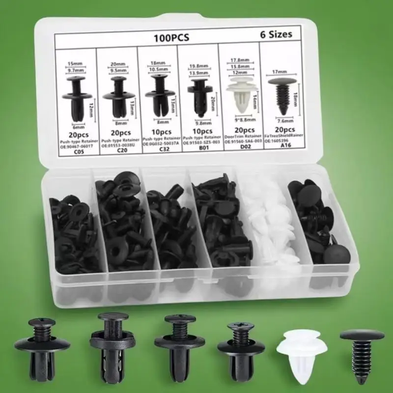 

100 шт. автомобильных клипс 6 размеров, пластиковые фиксаторы для салона автомобиля, заклепки-фиксаторы для бампера, набор для крепления обшивки с инструментом для снятия фиксаторов