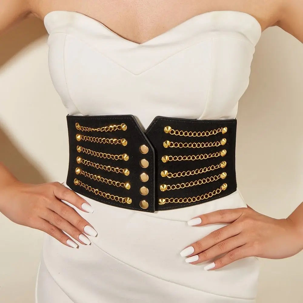 10cm Wide Women Fashion Slim Corset Cummerbunds Elastic Belts Rivet Waistband Female Coat Fur Hige Waist Belt Accessory