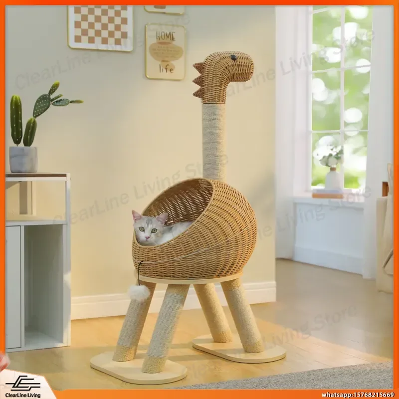 Dinosaur Cat Tree Tower with Sisal Scratching Post Rattan Cat Condo Indoor Wicker Cat Bed Removable Mat Hanging Toys for