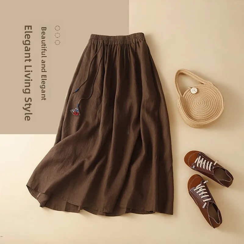 Ladies Cotton Linen A-Line Midi Skirt Lazy Design Summer Long f Body Skirt High Waist Pure Color Commute Sle