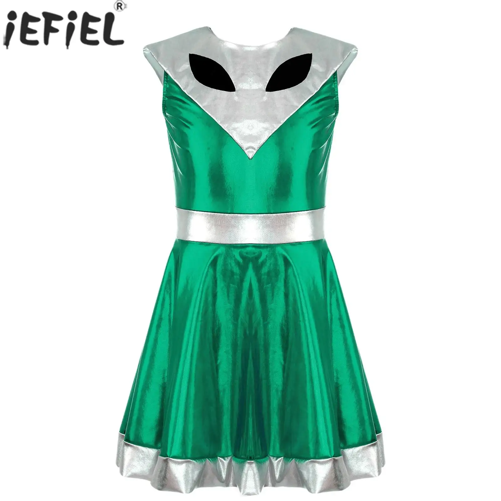 

Children Girls Halloween Alien Cosplay Costume Sleeveless Contrast Color Metallic Shiny Dress for Theme Party Carnival Role Play