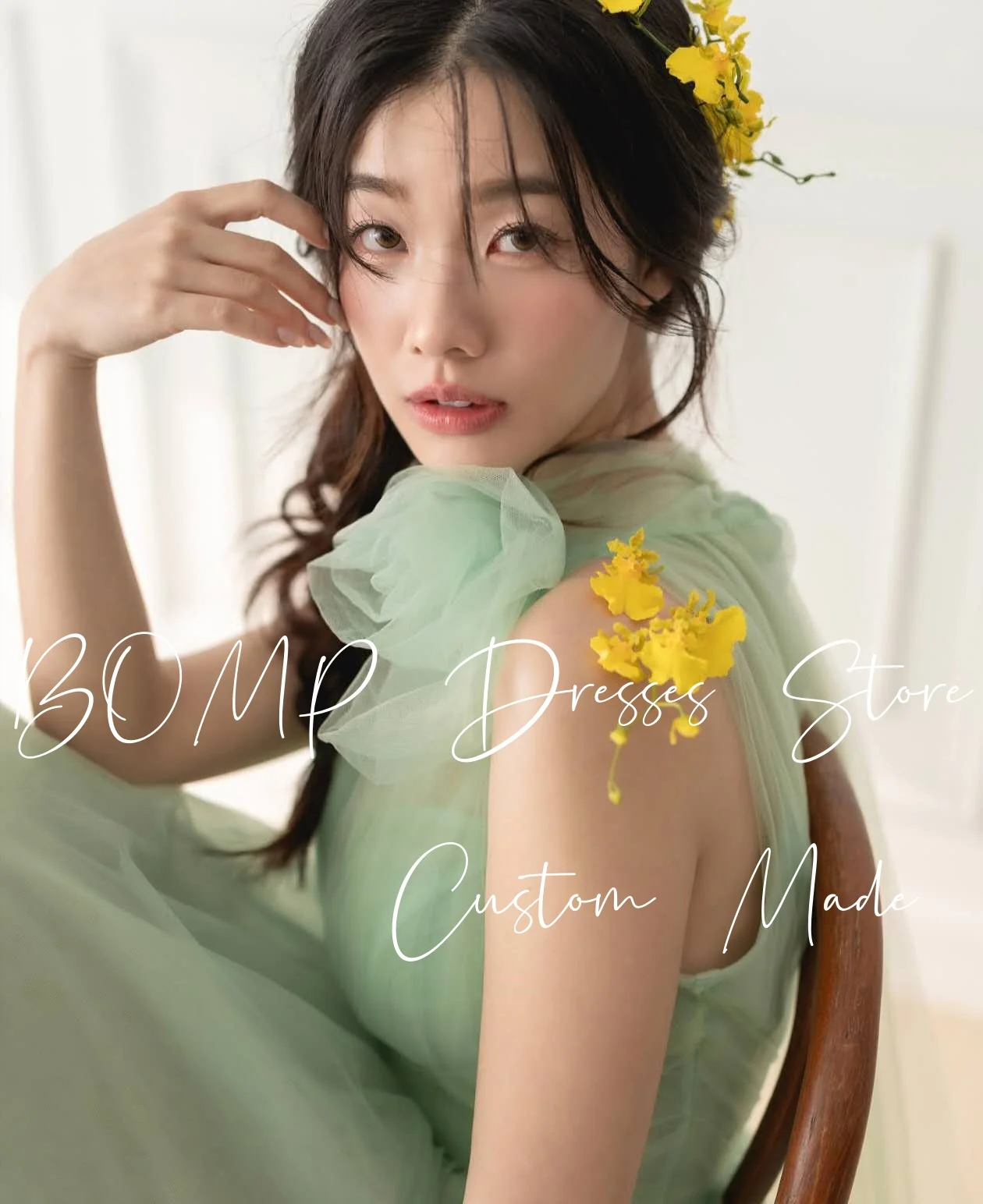 BOMP 우아한 그린 웨딩 파티 드레스 홀터 컷 아웃 드레이프 바닥 길이 Tulle Korea 사진 촬영 신부 이브닝 가운 맞춤형