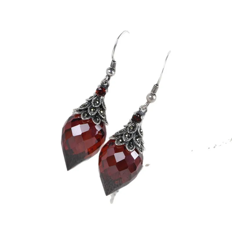 BOCAI New S925 Pure Silver Retro Personality Set With Zircon Water Droplet Earrings Ladies' Selected Gift