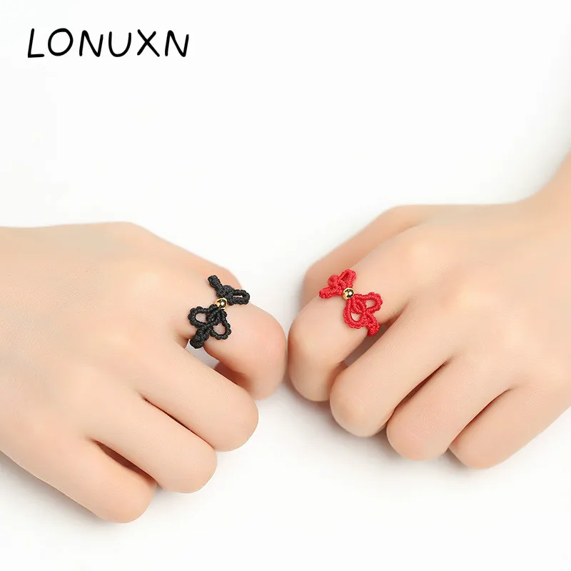 

High Quality Handmade Lucky Bead Red/black Rope Bow Knot Couple Ring 100% 925 Sterling Silver Rings for Women Silver 925 Jewelry