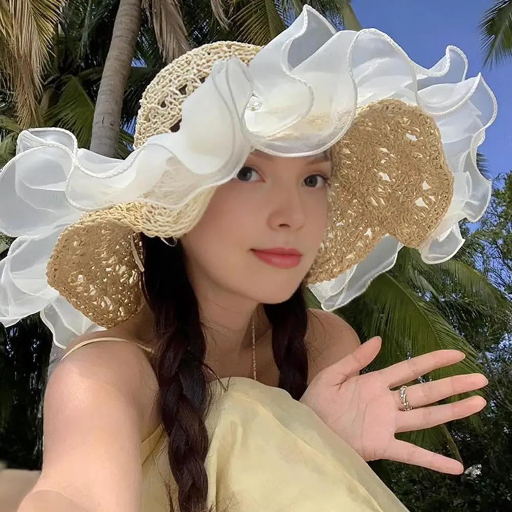 Vacation Sun Hat Large Brim Foldable Ruffled Lace Design Sun Protection Hat Summer Outdoor Travel Beach Vacation Hat