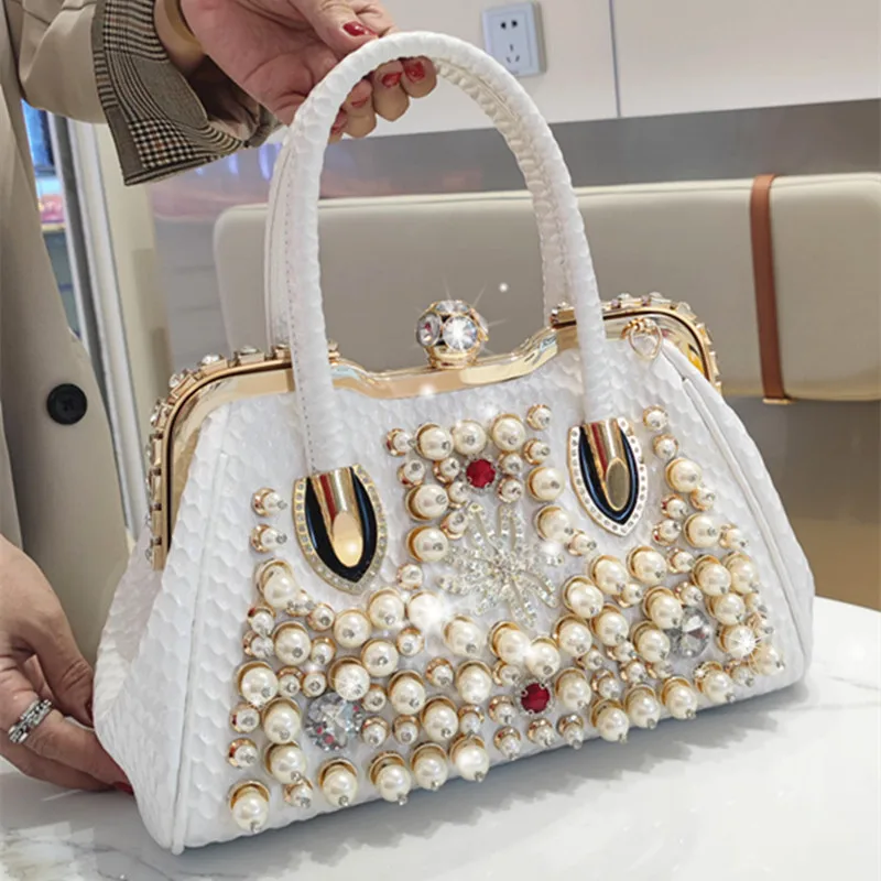 Luxury Fashion Brand Pearl Women's Handbag 2023 New Leather Diamond Shoudler Crossbody Evening Bag Portable Rhinestone Lock Bags