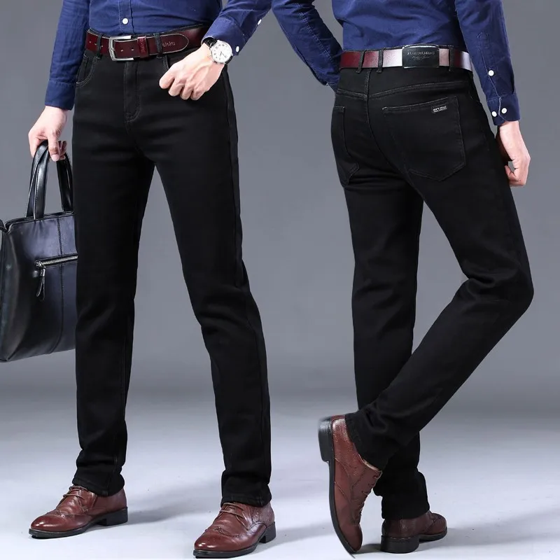 New Trousers Grey Fleece Men Clothes  Black Elasticity Warm Thinker Winter Jeans Busines  Velvet 4 Model Jeans