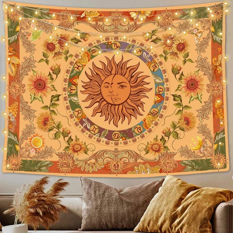 VIKAMA Boho Sonnen- & Tierkreis-Tapisserie, Orange Mystische Astrologie mit Sonnenblumen Wandbehang für Schlafzimmer, Wohnzimmer & Heimdekoration