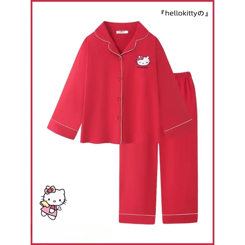 Sanrio Hello Kitty autumn pure cotton new cartoon two-piece set long women's pajamas silk pajamas women's loungewear set