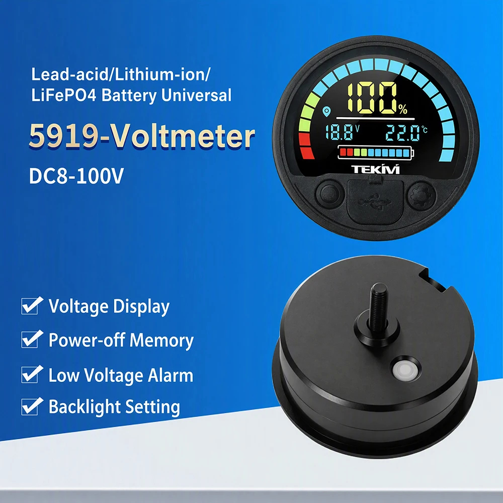 Upgraded USB+Type-C Interface Output Digital Voltage Battery Level Indicator With Temp Sensor for Lithium/Acid/ LiFePO4 Battery