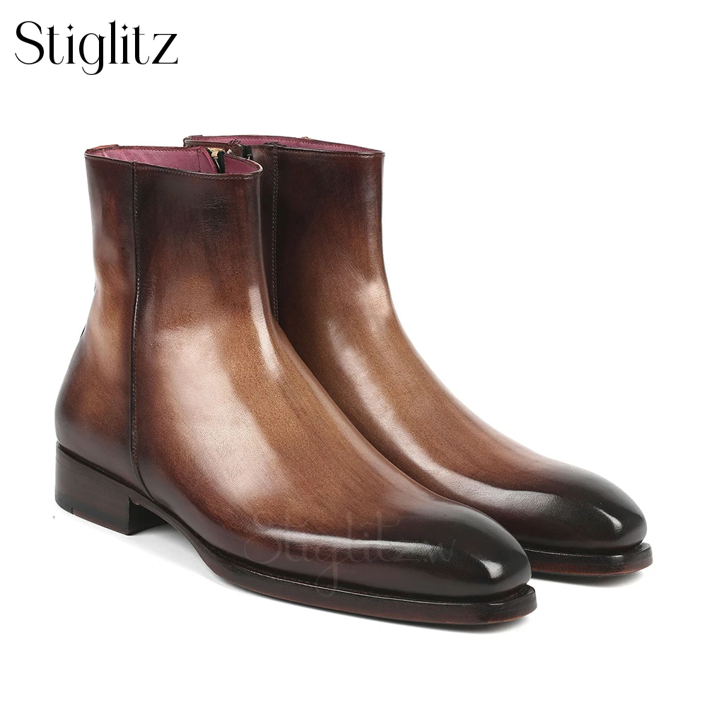 Genuine Leather Zip Men's Ankle Boots Hand Painted Designer Style Men's Formal Boots Elegant Wedding Genuine Leather Men Booties