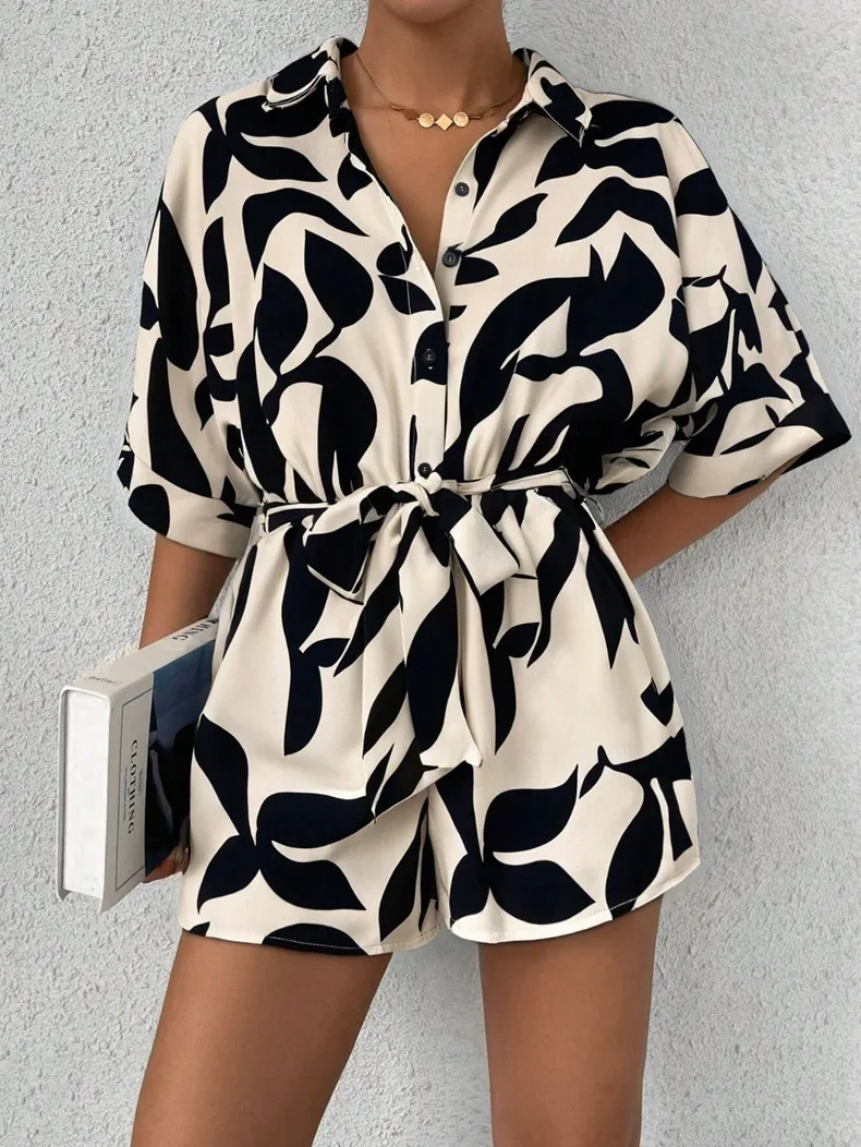 

Women's Jumpsuits Black White Leaf Print Playsuit Autumn Short Sleeve Tie Waist Loose Fit Romper Casual Vacation