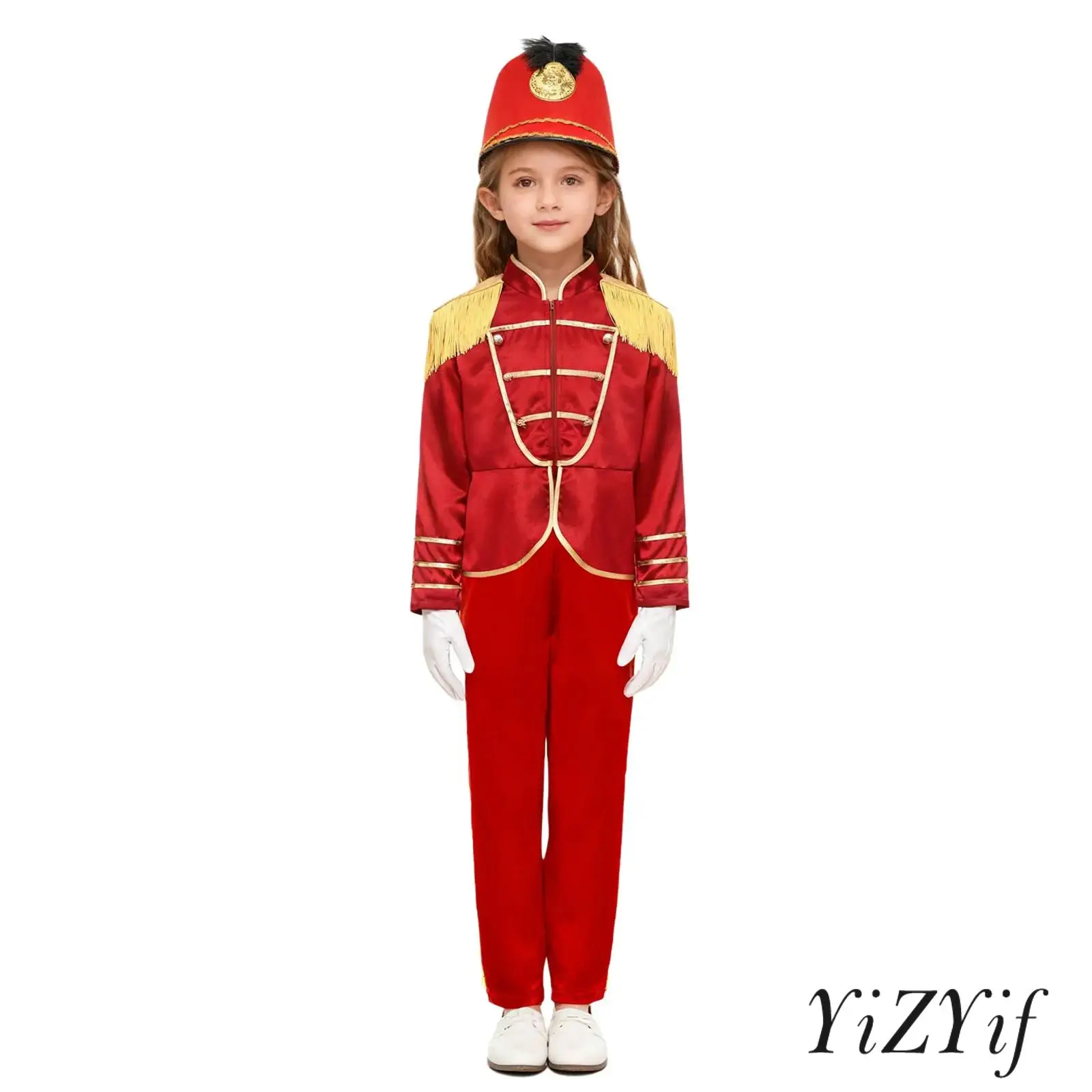 Disfraz de Majorette de tambor para niños, chaqueta de manga larga con flecos y borlas, abrigo, pantalones largos, sombrero de plumas y guantes, traje de Cosplay de banda de tambor, 4 Uds.