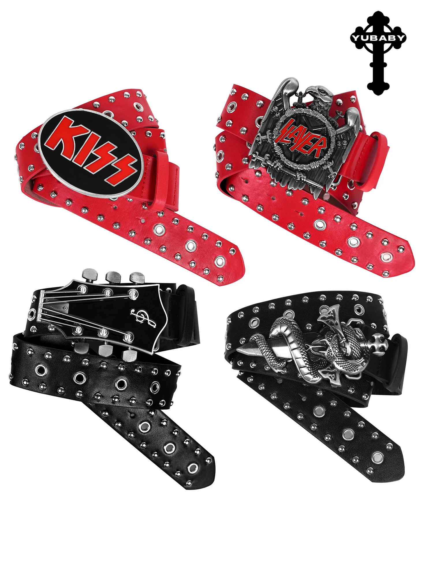 

Крутой красный панк-ремень с рядами заклепок и перфорацией, модный ремень из искусственной кожи в стиле хип-хоп