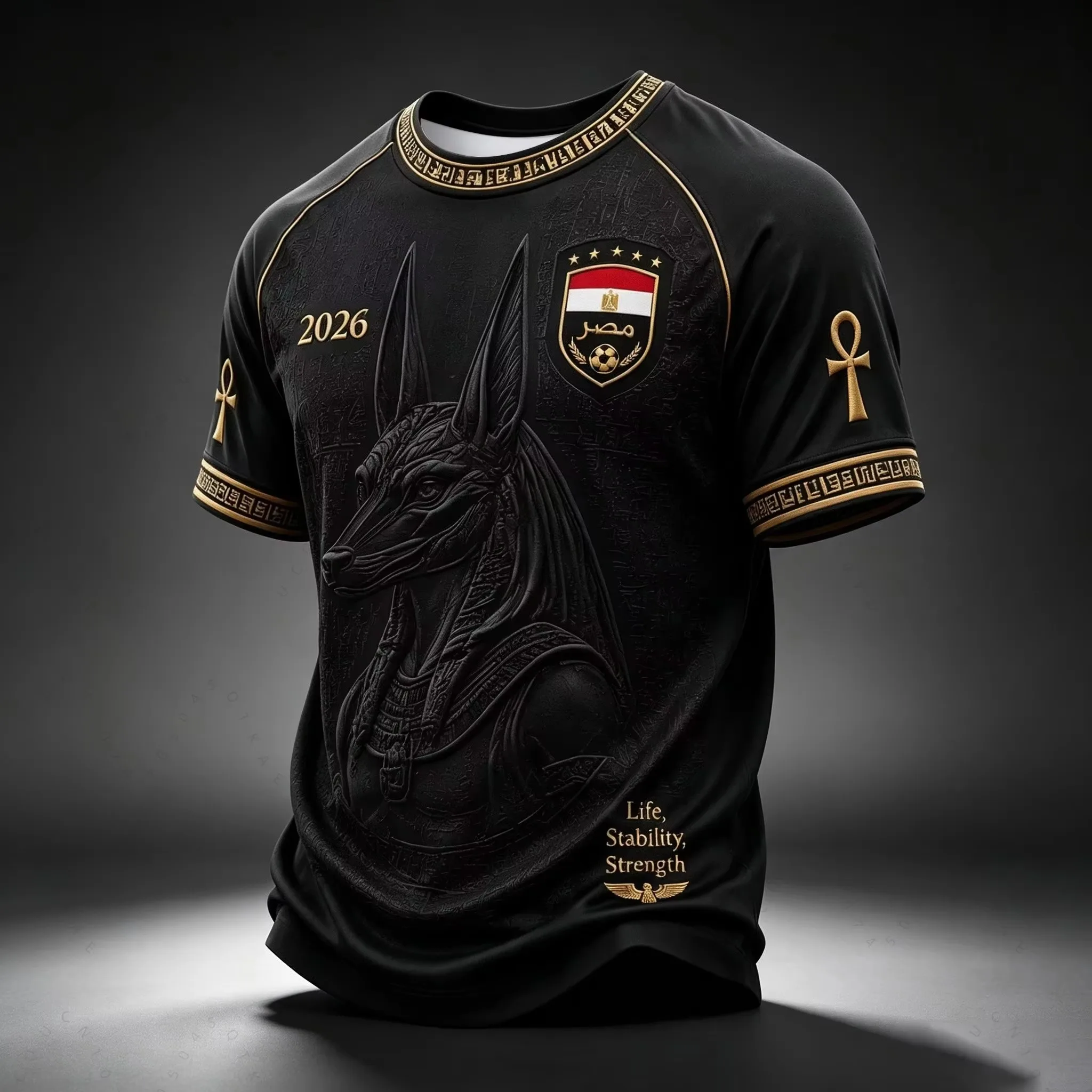 2026 Men Egypt National Team Raglan Football Shirt Full Ancient Egyptian Relief Jacquard Quick Dry Breathable Fan Beach T-shirts