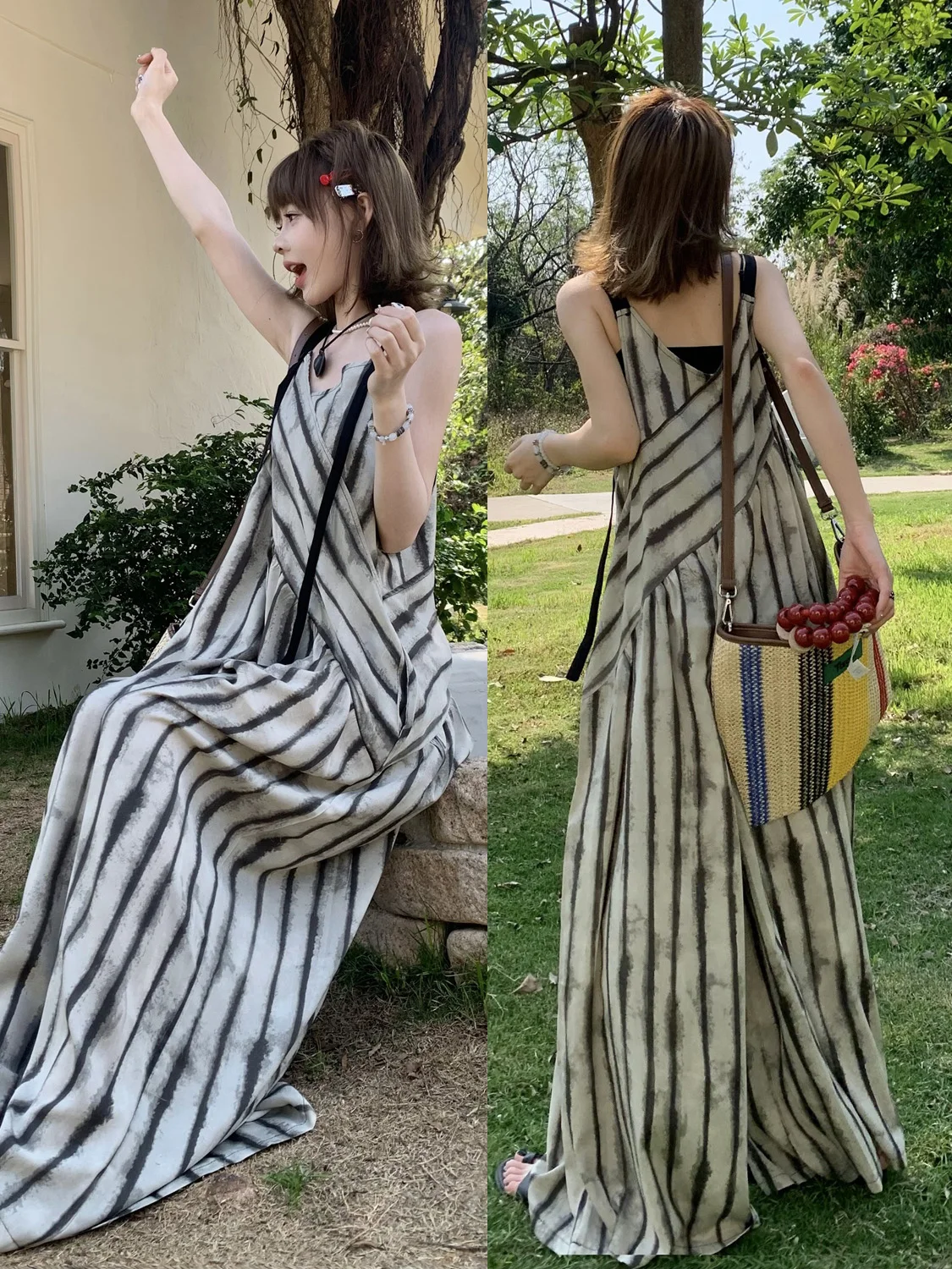

Oversize Casual Lazy Style Women's One-Piece Pants Summer Gradient Stripe Strap Wide Leg Pants High Waist Long Pants Polyester