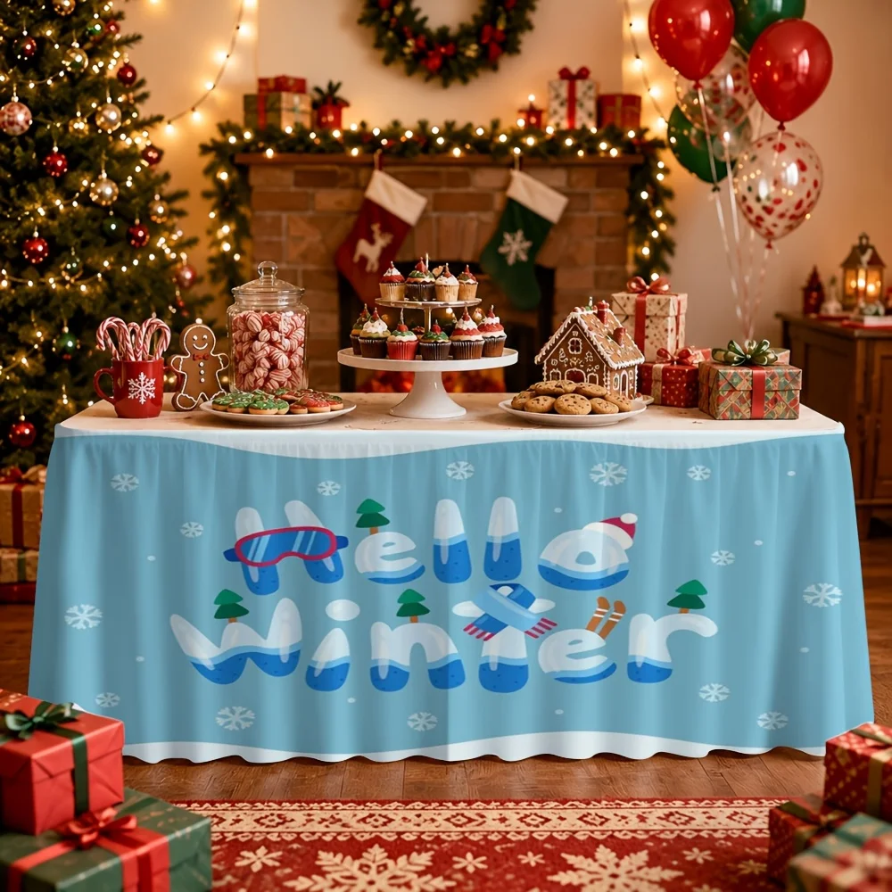 1-Pack, Hello Winter, printed Christmas-themed tablecloth and table skirt for indoor Christmas party decorations