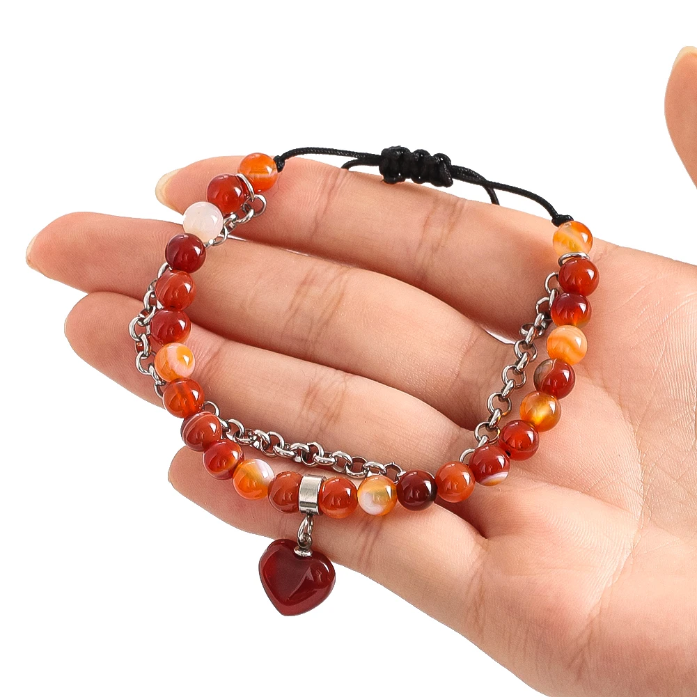 Natürliches Tigerauge-Armband mit rotem Achat-Liebesanhänger für Frauen, Edelsteinperlen, handgestrickte Edelstahlkette, gestapelte Armbänder – Detail 6