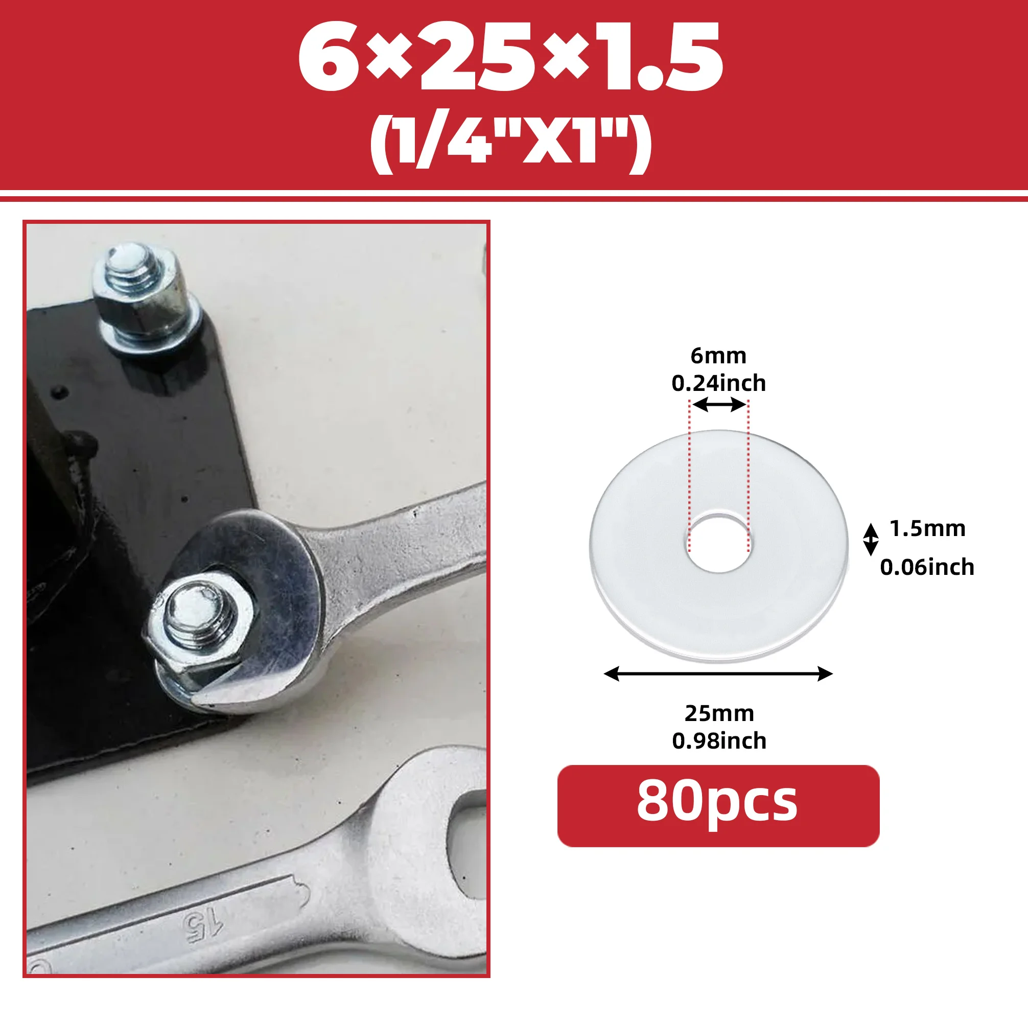 80Pcs 304 Stainless Steel Large Flat Washers 6x25x1.5mm 1/4