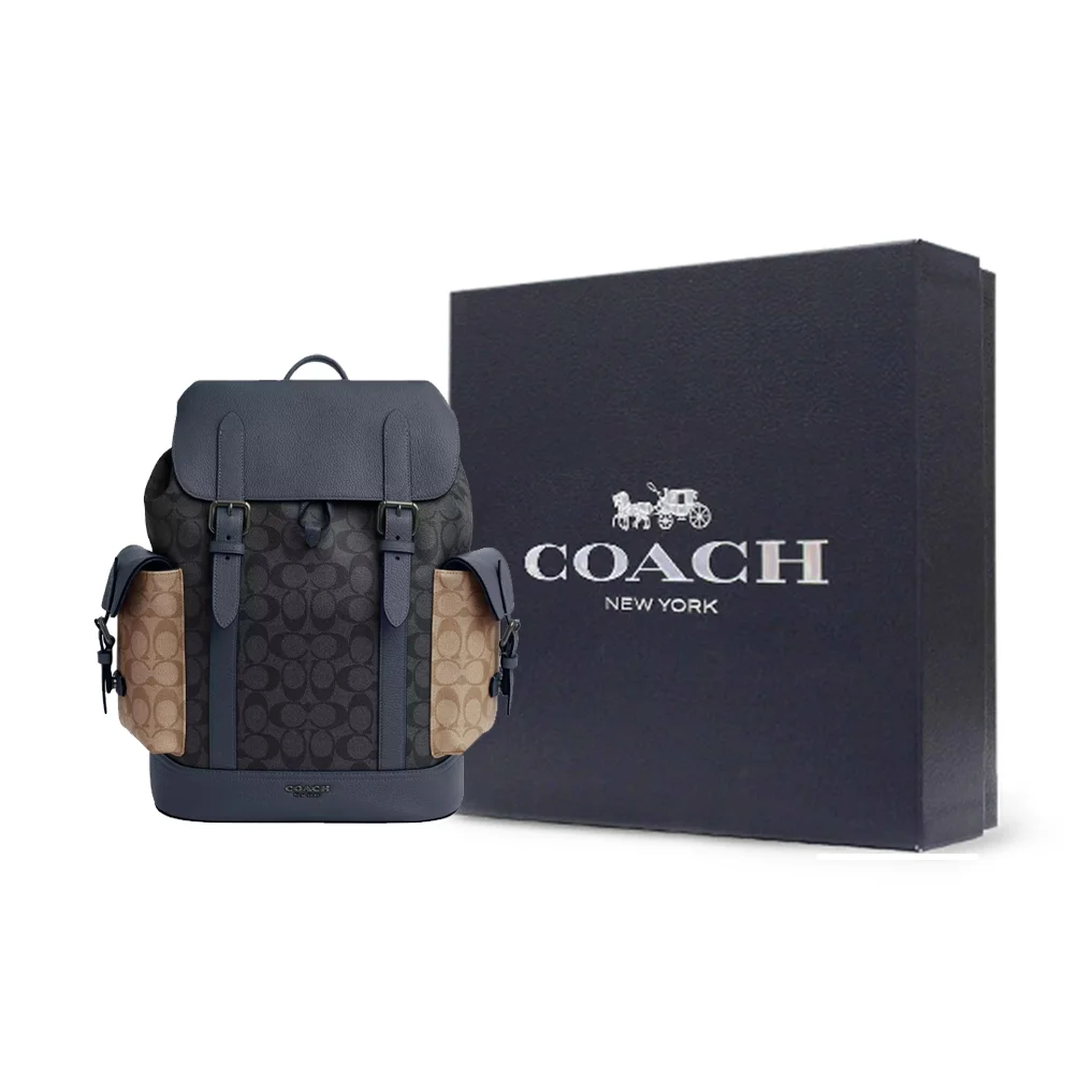 COACH Hudson Signature Coated Canvas With Leather Backpack Large Men's Charcoal Gray & Khaki & Denim CR335-QBX1V