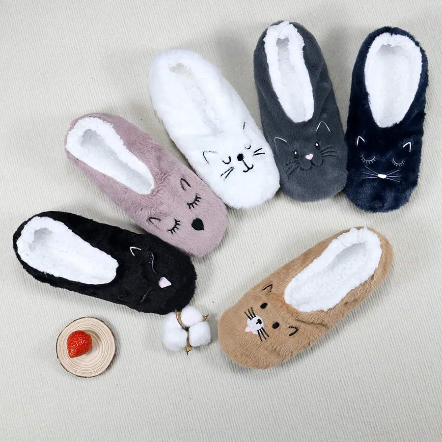Womens Slippers Winter Padded Thicken Home Plush Soft Fluffy Animal Pattern Cat Embroidery Cute Funny Non-slip Home Floor Shoes