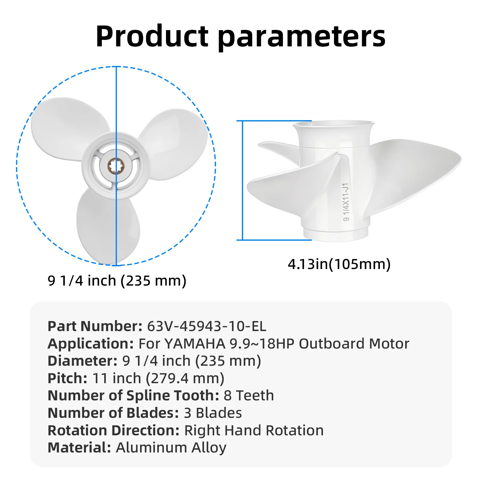 For Yamaha 9.9~18HP Outboard Propeller 9 1/4*11'' Boat Motor Marine Engine Parts 3 Blades 8 Teeth Spline Propeller