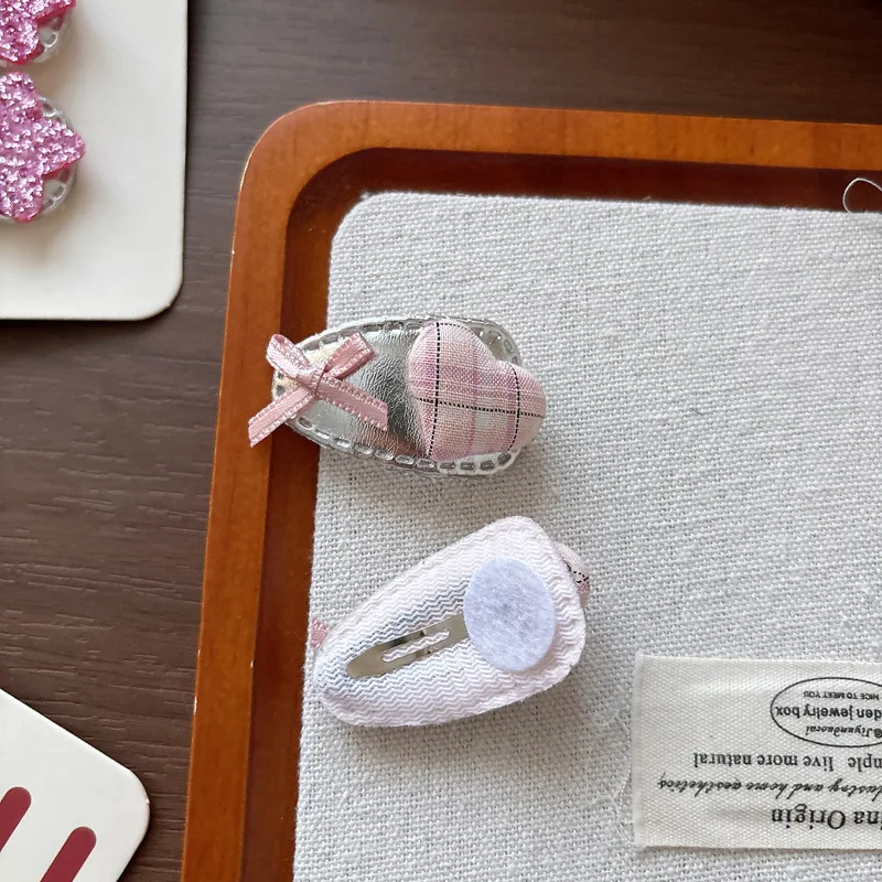 1pair Mini Sweet New Pink Heart Plaid Bangs BB Clip Small Bow Star Hair Kids Headwear Accessories