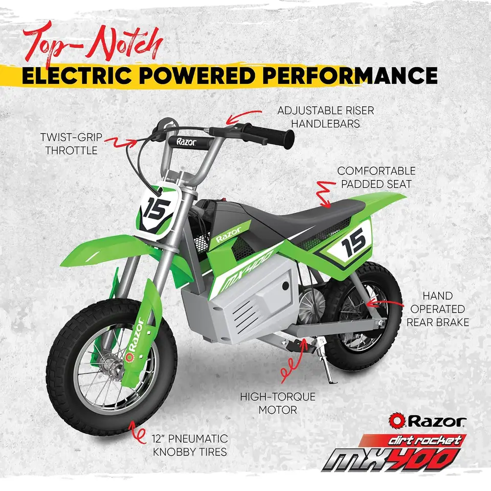 Razor MX400 Dirt Rocket Electric Bike for Kids Ages 8+, 140 Pounds Max Weight, Green – 24-Volt Battery, up to 14, Customized image 2