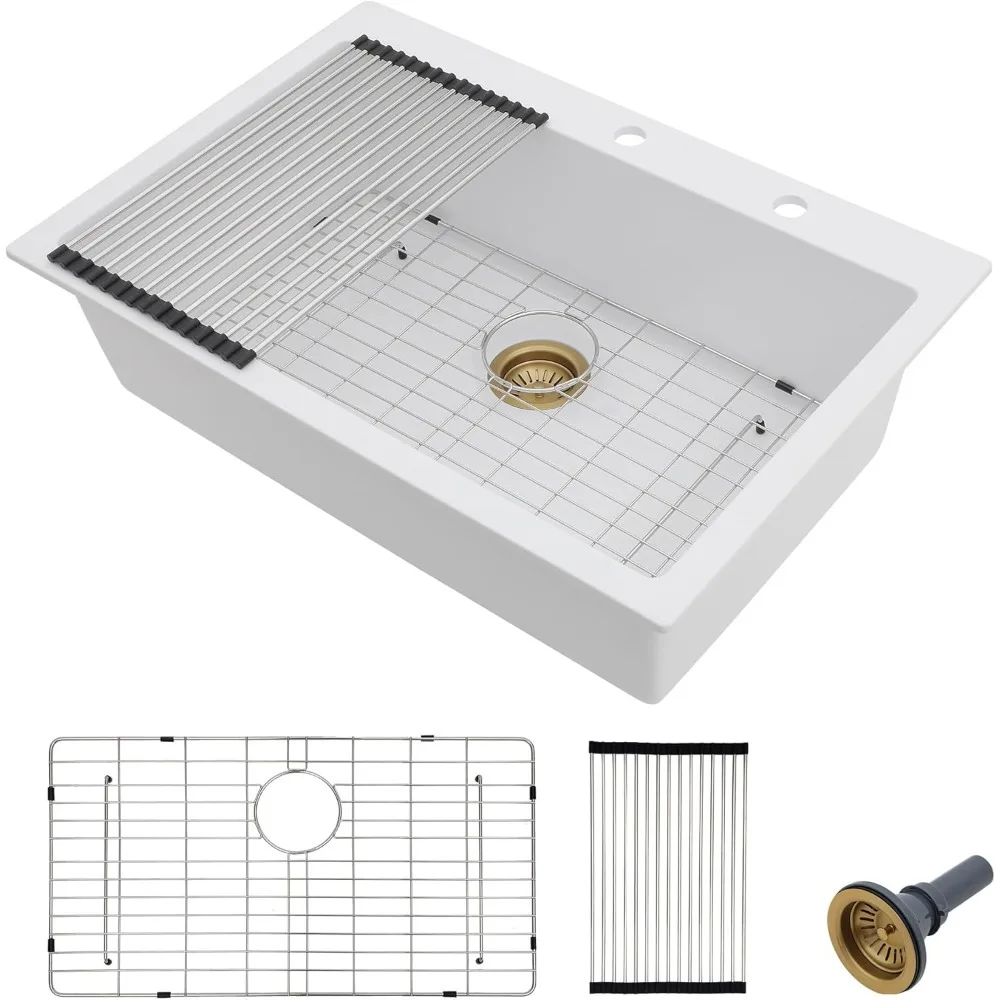 

Kitchen Sink - 33"×22" Granite Kitchen Sink Drop In Topmount White Quartz Classic Above Counter Single Bowl