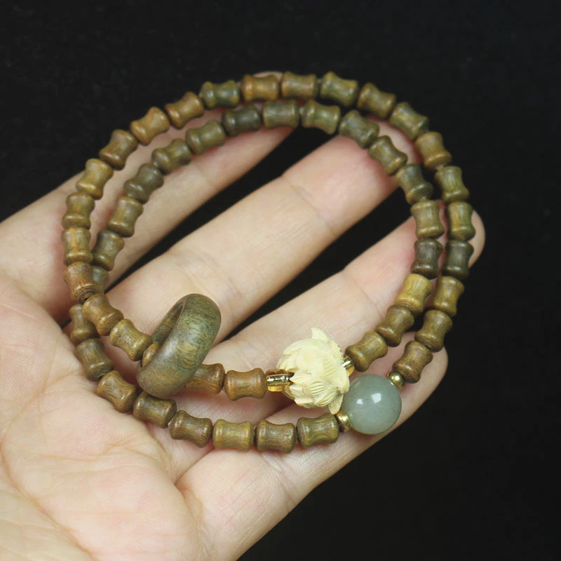 Green Sandalwood Bamboo Joint Boxwood Lotus Bead Bracelet Double Loop Style with Sliding Ring Personalized DIY Jewelry Prayer Be
