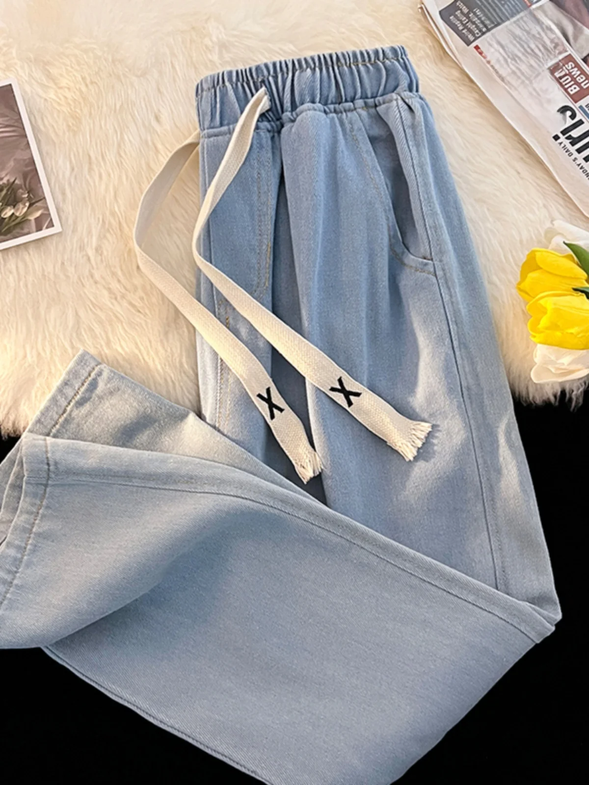 

Spring Autumn Men's Straight Leg Elastic Waist Denim Jeans Pure Color Large Size Casual Trendy Youth Japanese Sle Waed Pants