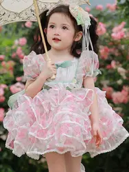 Summer Girls Birthday Tulle Backless Lolita Wedding Ball Gown Party Dress Princess Pink Floral Baby Children Lace Cake Skirts