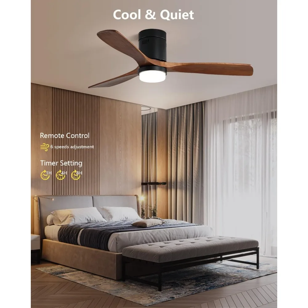 52 inch low profile ceiling fan with embedded light, remote control dimmable LED light, 3 reversible walnut leaves