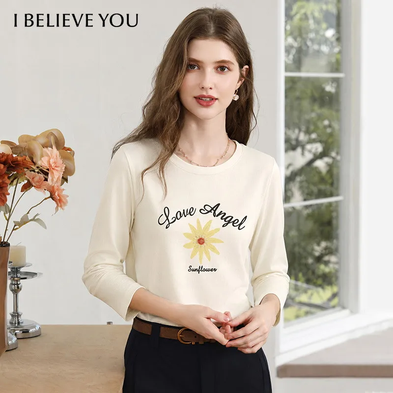I BELIEVE YOU Women's Apricot Cotton Long‑Sleeve T‑Shirt 2026 Autumn Sunflower Print Round-neck Tee Regular Basic Top 2263016387