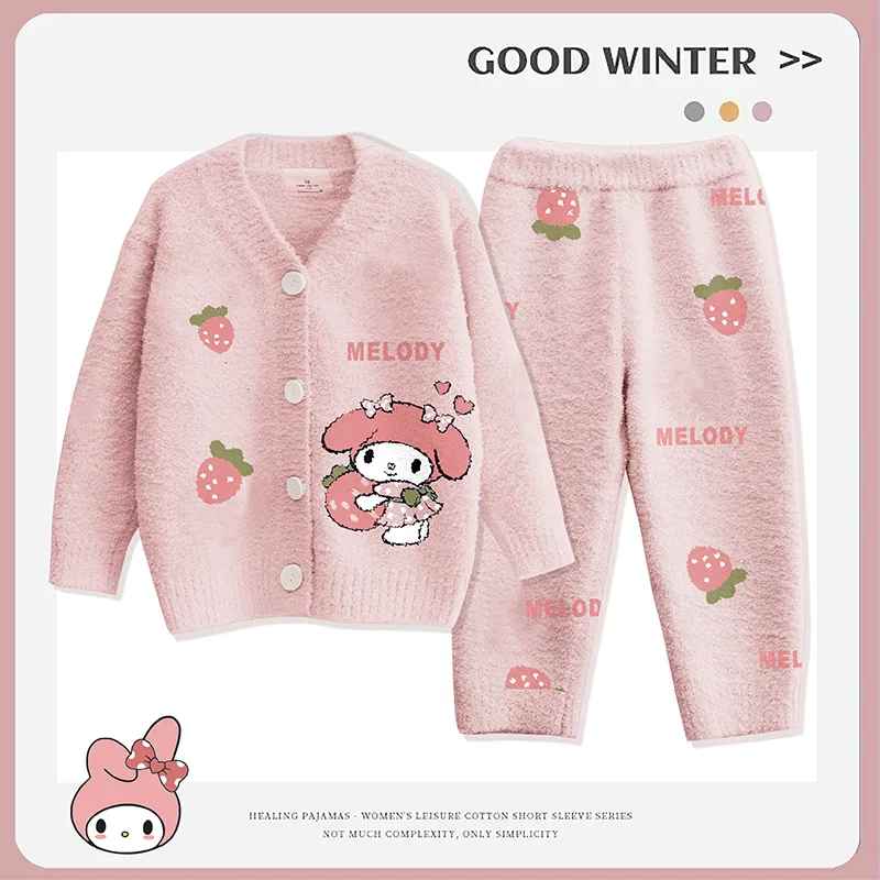 Pyjama en peluche Anime Cinnamoroll pour enfants, ensemble de vêtements pour la maison Kawaii, vêtements de détente Kuromi My Melody, cardigan, chemise de nuit, cadeaux mignons pour filles